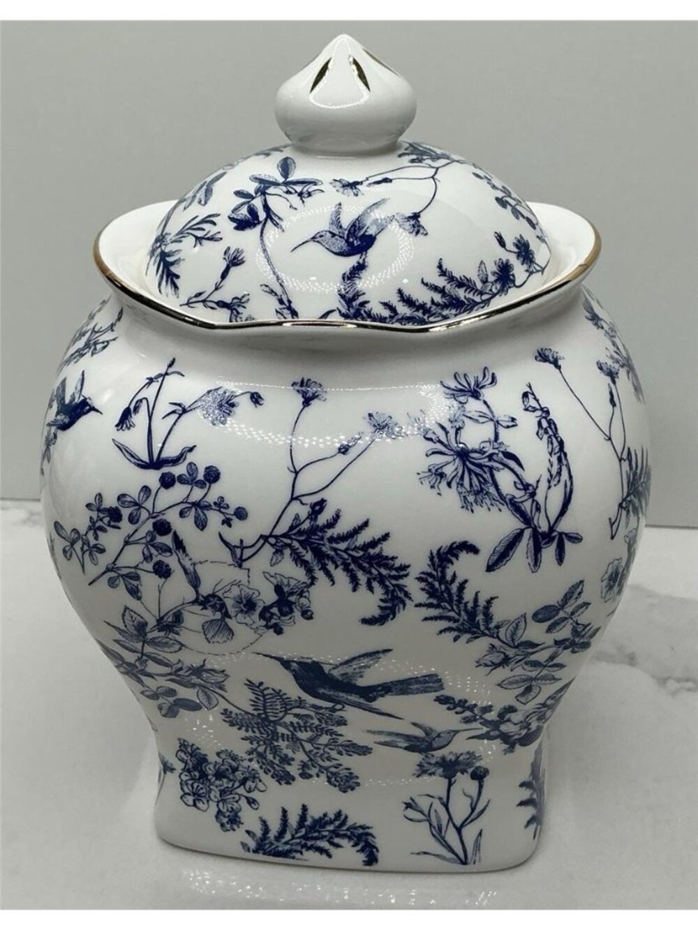 Grace Teaware Cookie Jar 7” H BLUE FLORAL BIRDS 4” diameter New